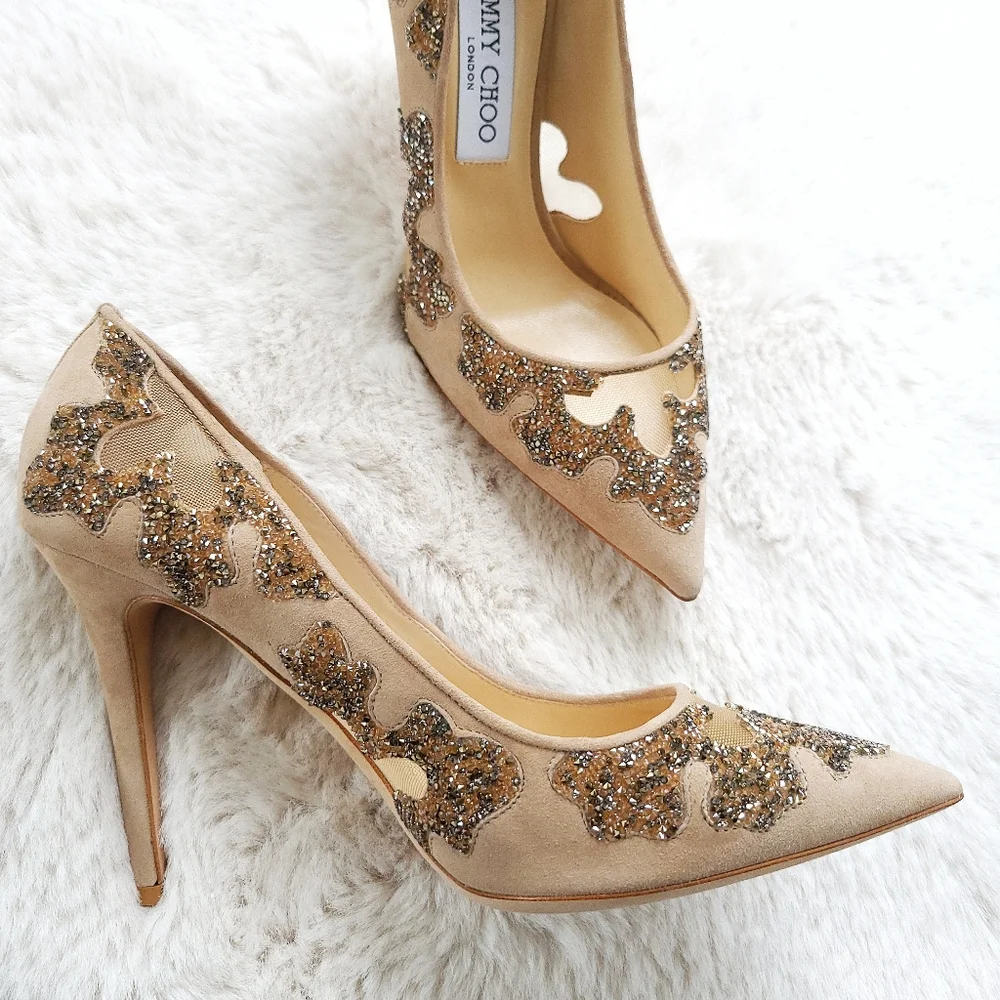 Jimmy Choo Karmel 120 Nude Suede Crystal Wedding Occasion Pointy Toe Mesh Pump - Picture 12 of 16